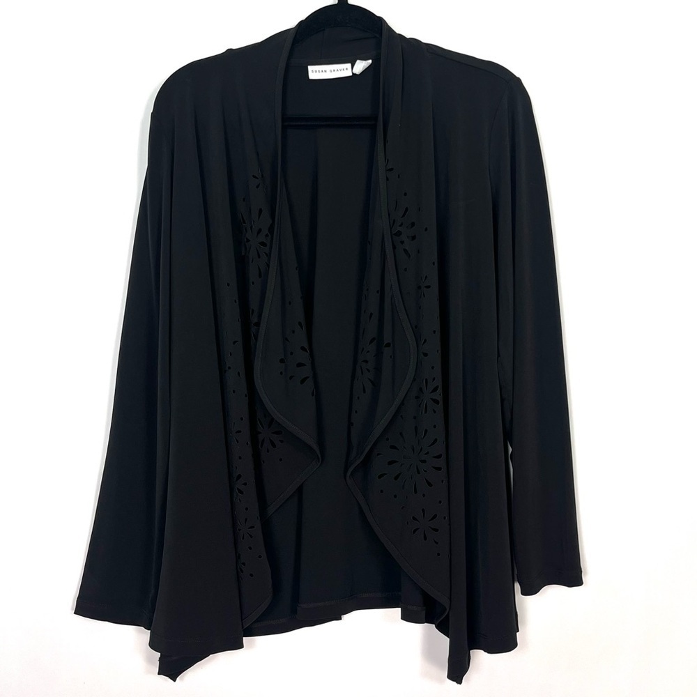 Susan Graver Liquid Knit Black Open Front Waterfall Cardigan Laser Cut Sz Medium